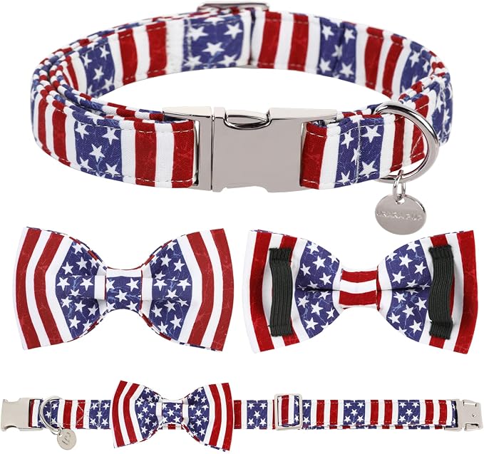 Dog Collar with Bow Tie, 4th of July Comfortable Cotton Dog Collar, American Flag Collar for Large Girl Boy Dog, Patriotic Bowtie Collar with Metal Buckle, L
