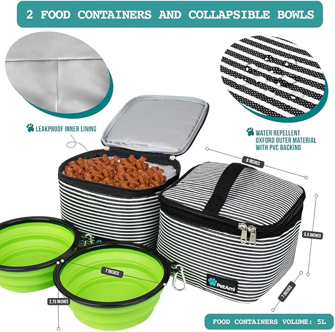 PetAmi Dog Travel Bag Organizer, Pet Travel Kit with 2 Food Containers & 2 Collapsible Dog Bowls, Pet Supplies Tote with Luggage Sleeve, Weekend Road Trip Camping Essentials, Stripe Black, Large