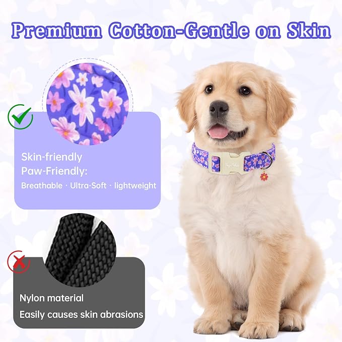 Floral Dog Collar, Spring Summer Cute Purple Flower Pet Collar for Small Medium Large Dogs, Cotton Puppy Collar with Adjustable Buckle, Girl or Boy Dog for Gifts & Daily Use-XS