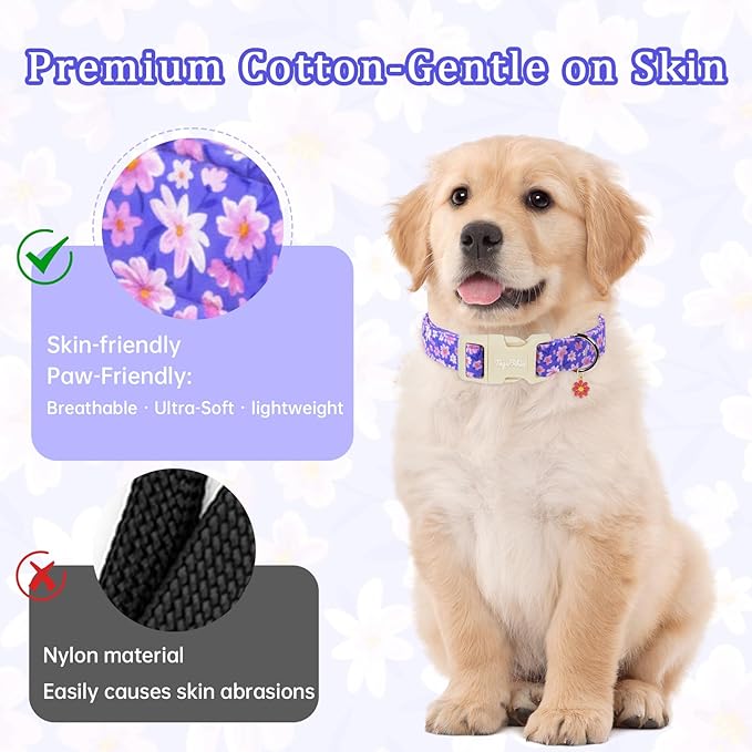 Floral Dog Collar, Spring Summer Cute Purple Flower Pet Collar for Small Medium Large Dogs, Cotton Puppy Collar with Adjustable Buckle, Girl or Boy Dog for Gifts & Daily Use-L