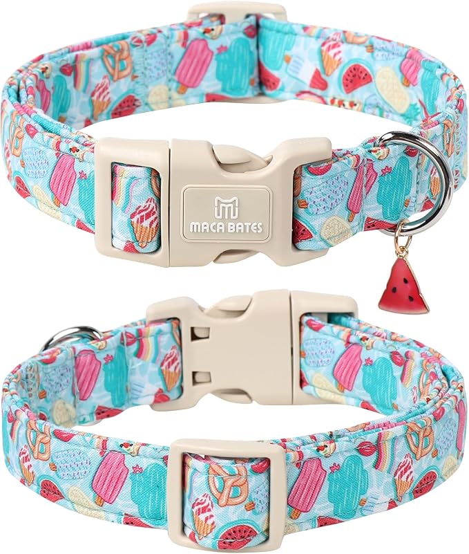 Maca Bates Summer Dog Collar with Watermelon Charm for Medium Girl Boy Dogs Blue Ice Cream Print Durable,Soft,Thick,Adjustable Puppy Basic Collars for Male Female with Safety Buckle
