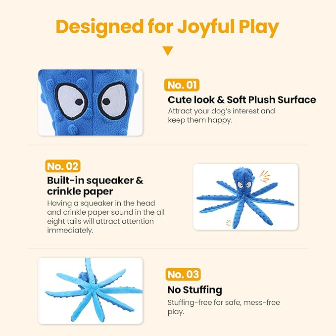HGB Squeaky Dog Toys - 2 Pack No Stuffing Octopus Crinkle Plush Chew Toys for Puppies Small Medium Large Dogs, Interactive Tug Toys to Keep Dogs Busy
