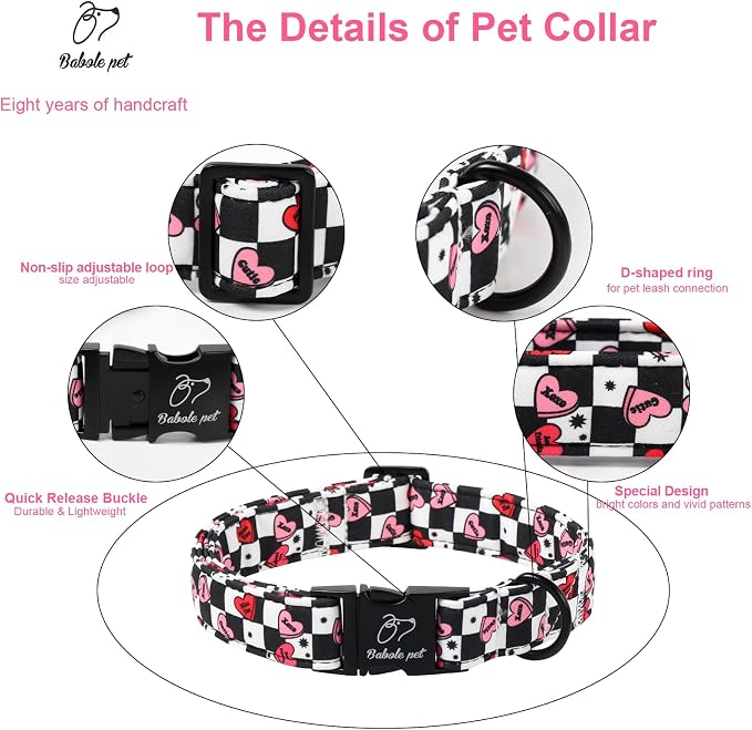 Valentines Dog Collar for Large Dogs - Unique Black White Plaid Girl Boy Valentine Heart Dog Collars, Adjustable Heavy Duty Pet Collar with Metal Buckle L