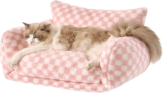 Hollypet Cat Bed Fluffy Plush Multifunctional Double-Layer Machine Washable Soft Warming Kitty Pet Couch Orthopedic Nest Beds for Small Cats Kitten and Dogs up to 13lbs, Pink and White(25x20x13 inch)