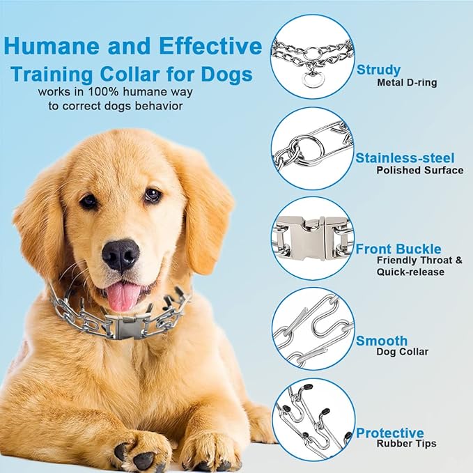 Dog Collar with Quick Release Buckle for Small Medium Large Dogs | Prong Pinch Collars, Training, No Pull, Adjustable Size, QuickRelease, with 2 Extra Links and 20 Rubber cap