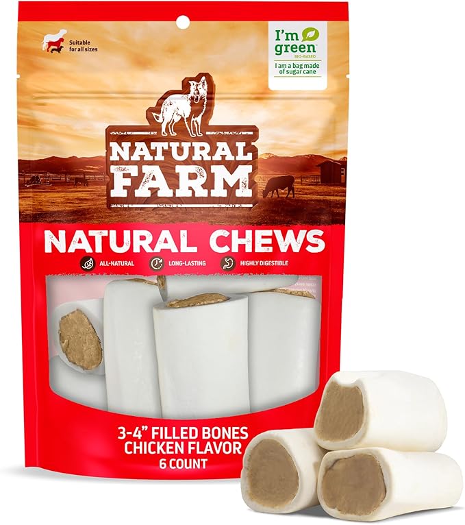 Natural Farm Chicken Filled Bones (3-4 Inch, 6 Pack), Limited Ingredient, Natural Stuffed Dental Dog Bone Treats for Dogs, Made with Real Chicken
