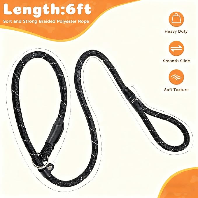 Reflective Slip Leads for Dogs,6FT x 1/2" Dog Leash Heavy Duty Strong Rope Lead for Large, Medium Dogs, No Pull Pet Training Leash(Black, Large(1/2in-6ft))