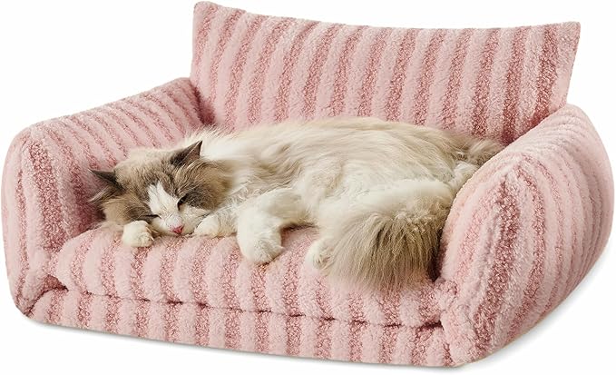 Hollypet Cat Bed Fluffy Plush Multifunctional Double-Layer Machine Washable Soft Warming Kitty Pet Couch Orthopedic Nest Beds for Small Cats Kitten and Dogs up to 13lbs, Pink(25x20x13 inch)