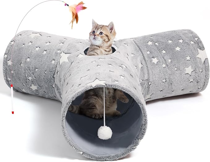 Tempcore 3-Way Collapsible Cat Tunnel Toy with Self-Luminous Tube & Teaser Wand, Peek Holes & Hanging Ball, Photoluminescence Play Tunnel for Indoor Cats, Puppy, Rabbit