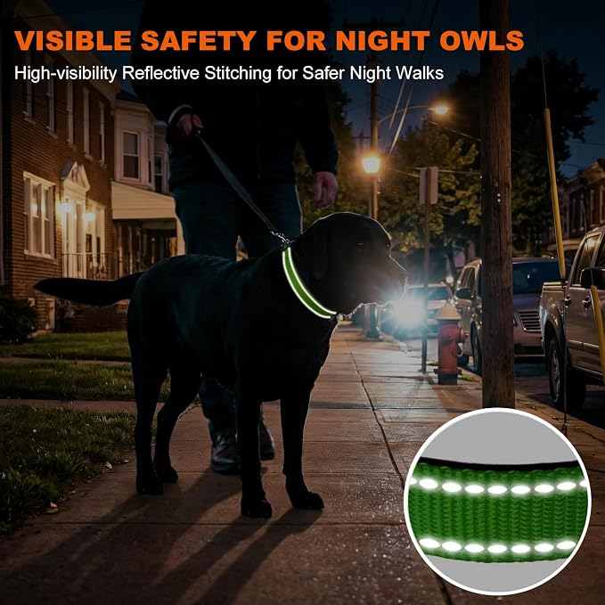 Taglory Reflective Dog Collar for Extra Large Dogs, Soft Neoprene Padded with Escape-Proof Locking Buckle, Upgraded Zinc Alloy Ring, Adjustable for Daily Walking, Green,XL