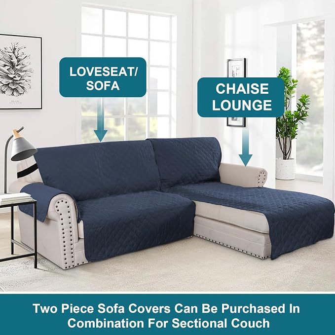 Turquoize 100% Waterproof Sofa Covers Chaise Lounge L Shape Sofa Protector Slip Cover Triple Non-Slip Sofa Slipcover for Chaise Sectional Couch Cover for Pets, Kids (Chaise, Navy)