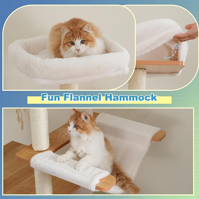 Hey-brother Wooden Cat Tree, 69.7 inch Cats Furniture Tower with Large Platforms, Hammocks, Spacious Condo, Full Sisal Scratching Posts, Ladder, Brush, Water Proof Surface, Walnut MPJ121WB