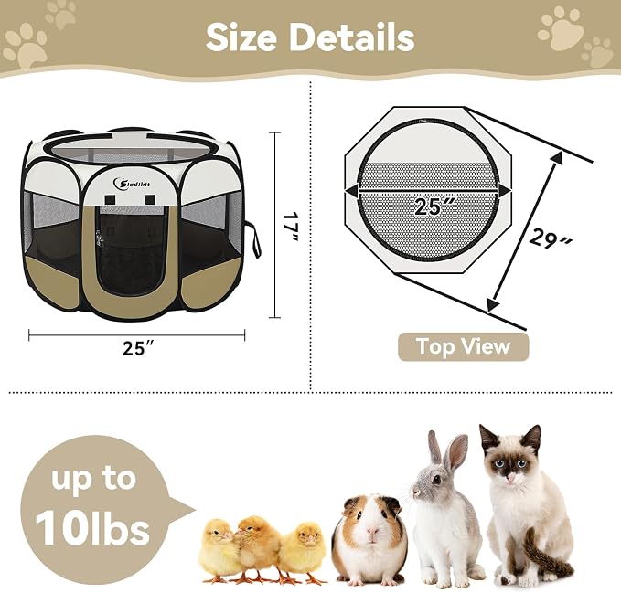 Siedihit Dog Cat Playpen, Small Puppy Pet Playpen, Dog Crate Tent Cage Indoor/Outdoor, Portable Pop Up Dogs Kennel Playpen with Carrying Case for Dogs/Cats/Rabbits(Khaki, Small)