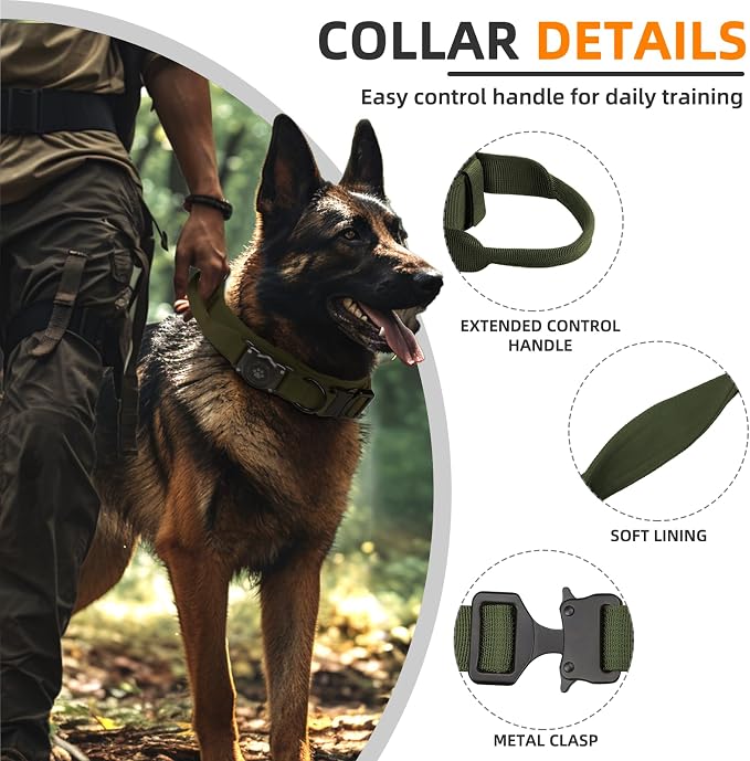 Tactical AirTag Dog Collar, 100% Waterproof Integrated Apple Air Tag Dog Collars with Hard PC AirTag Holder, Adjustable Military Collar with Handle, GPS Dog Collar for Medium Large Dogs(ArmyGreen,XL)