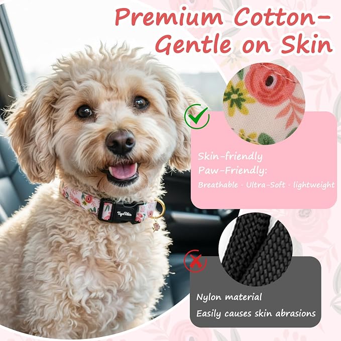 Dog Collar with Roses Patterns, Spring Summer Collection Pink Dog Collar with Exquisite Pendant, Durable Adjustable Collars for Gifts & Daily Use-S