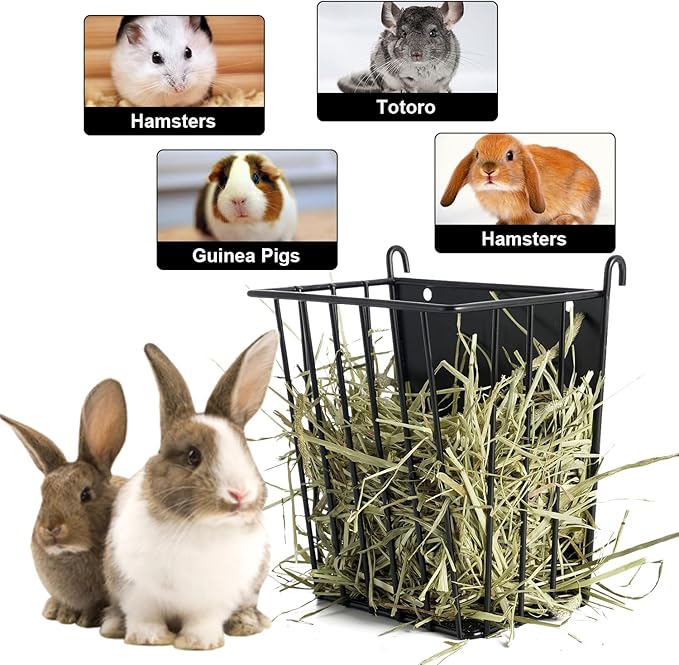 LUAVIARU Upgrades 2pcs Hay Feeder Rabbit - Guinea Pig - Metal Frame Hay Rack with Adjustable Hook - Less Wasted - for Guinea Pig, Bunny, Chinchilla Cage Accessories - Bunny Feeder