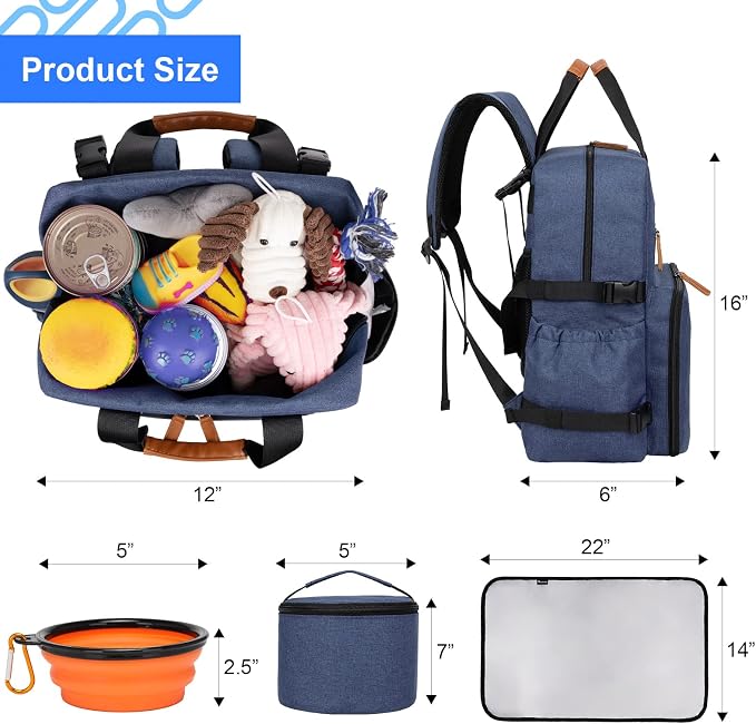 Modoker Dog Travel Bag, Airline Approved Backpack for Pet Accessories Organizer, Tote Weekend Bag with 2 Food Storage Containers, 2 Collapsible Dog Bowls, 1 Pet Mat, Blue