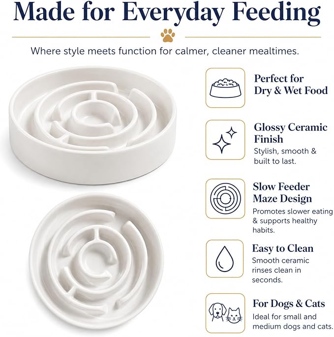 Ceramic Slow Feeder Dog Bowls with Anti-Slip, Slow Feeder & Non-Slip Design, Boredom and Anxiety Reducer, Suitable for All Breed Dogs and Cat (Ceramic-White)