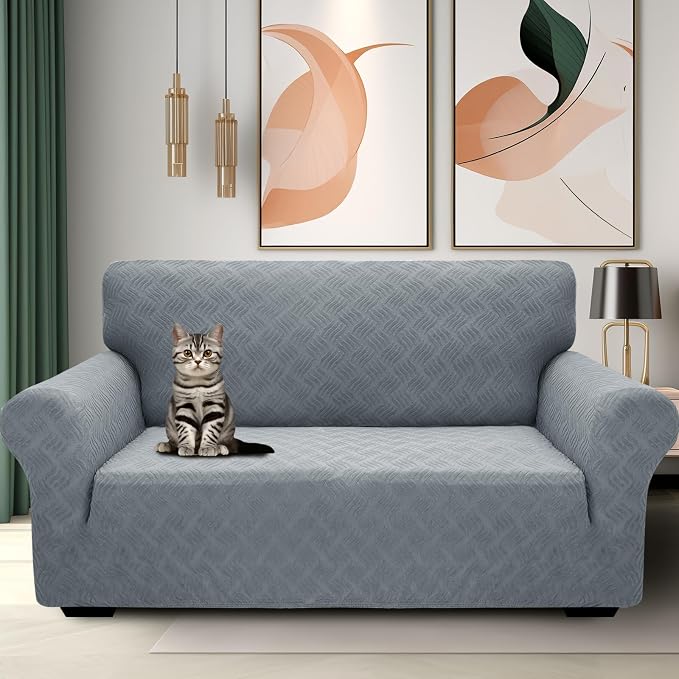 YEMYHOM Couch Cover Latest Jacquard Design High Stretch Sofa Covers for 2 Cushion Couch, Pet Dog Cat Proof Loveseat Slipcover Non Slip Elastic Furniture Protector (Medium, Leaf Pattern Light Gray)