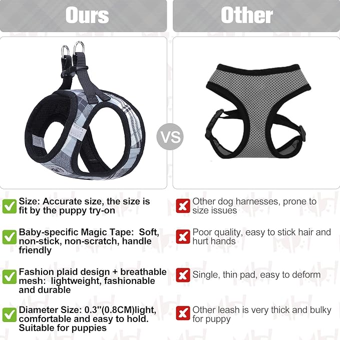 BEAUTYZOO Small Dog Harness and Leash Set,Step in No Choke No Pull Soft Mesh Dog Harnesses Reflective for Extra-Small Medium Puppy Dogs and Cats, Plaid Dog Vest Harness for XS S Pets, Grey XXS