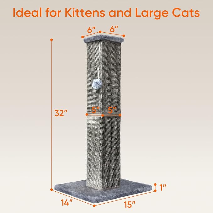 Cat Scratching Post 32 Inch for Indoor Large Cats and Kitten, Nature Sisal Tall Cat Scratch Post, Sisal Cat Scratcher Improve Cat's Scratching Habits and Protect Your Furniture, Dark Grey