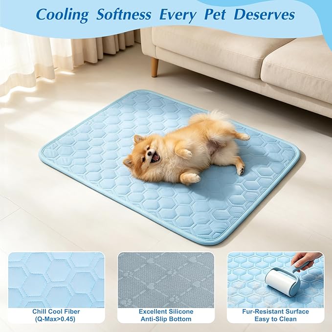 Cooling Mat for Dogs, Thick Breathable Dog Cooling Mat Q-MAX>0.45, Dog Cooling Bed Chill Cool Fiber & Non-Slip Bottom Cold Crate Pad Kennel Bed for Dog Puppy and Cat, Non-Toxic, Foldable & Washable
