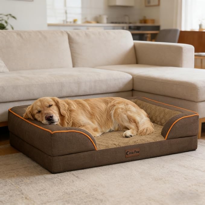 Orthopedic Dog Beds for Large Sized Dogs 35x22 Inch, Medium Waterproof Egg Crate Foam Dog Sofa Bed with Removable Washable Cover Pet Couch with Bolster Side & Non-Slip Bottom, Brown