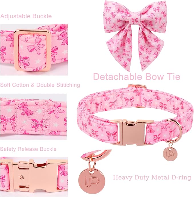 Pink Bow Dog Collar with Bowtie, Adjustable Cotton Puppy Collar with Charm and Metal Buckle, Bowtie Dog Collars for Small Medium Dogs