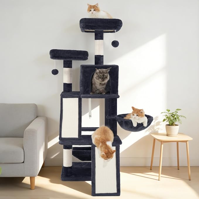 Gitelsnour Multi-Level Cat Tree for Indoor Cats, Cat Tower with 2 Scratching Boards, 2 Plush Padding Platforms, Cat Condo House with Hammock, Basket, Smoky Gray GCT022G