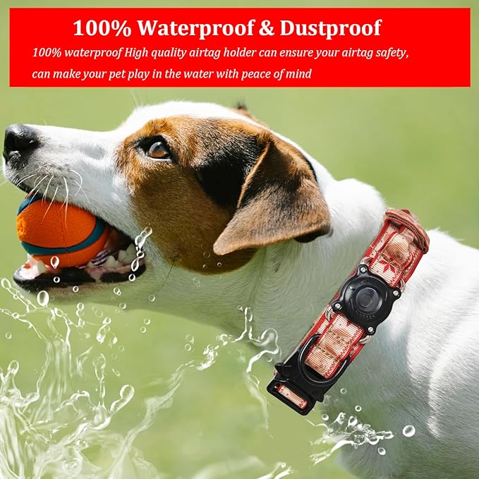 Christmas Tactical Dog Collar with Airtag Holder Waterproof Dog Airtag Collar with Control Handle Adjustable Heavy Duty Dog Collars(Christmas Red，XXL