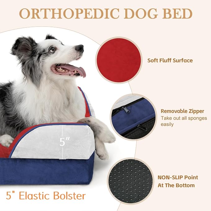 Comfort Expression Orthopedic Dog Bed for Extra Large Dogs 45x35 Inch, Waterproof Egg Crate Foam XL Pet Bed with Bolsters, Dog Couch with Washable Cover & Non-Slip Bottom, American Flag 2