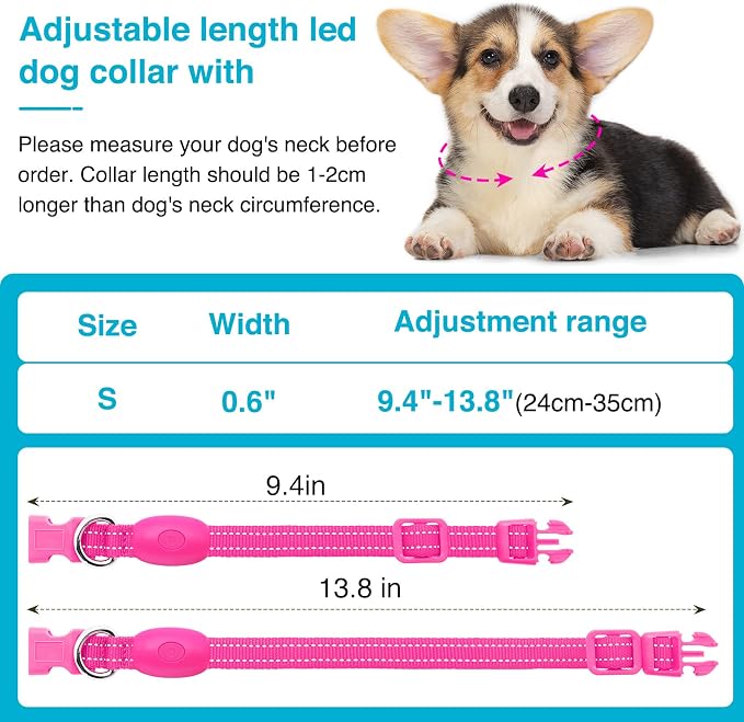 Light Up Dog Collar, Rechargeable USB Collar, Waterproof, Luminous LED Collar, Adjustable, Super Bright, Night Walking for Small Medium Large Dogs, Pink, S