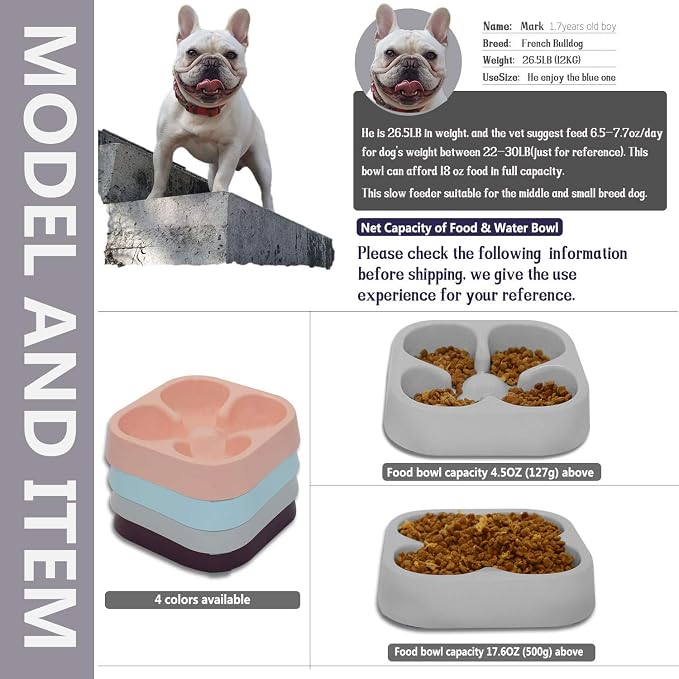 Healthy Slow Feeding Dog Bowl for French Bulldog -Slow Feeder Dog Bowl No Chocking Dog Cat Food Water Bowl with Four-Leaf Clover Pattern (Grey)