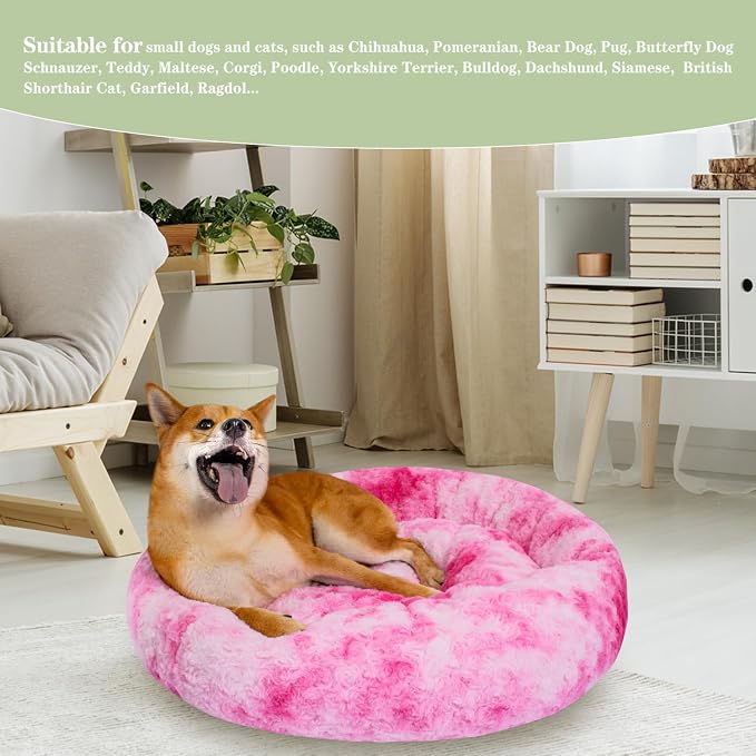 Calming Dog Bed for Medium Dogs Cats, Puppy 31'' Round Anti-Anxiety Warm Fluffy Plush Faux Fur Bed, Soft Anti-Slip Donut Washable, Cozy Medium Puppy Bed, Fits up to 50 lbs Pets