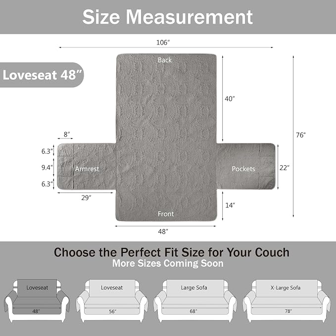 Cool Gray Loveseat Covers for 2 Cushion Couch, Water-Repellent Covers for Sofa, Machine Washable Love Seat Quilted Couch Covers, Pet Friendly Loveseat Slipcovers (Loveseat 48", Cool Gray)