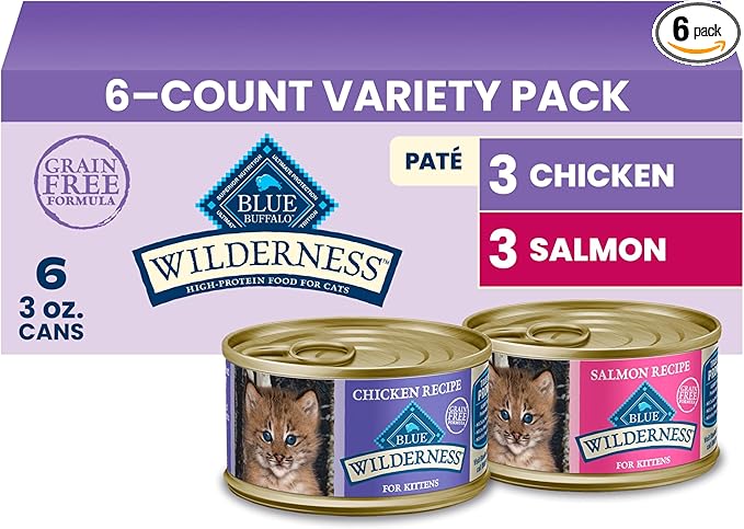 Blue Buffalo Wilderness Kitten Grain-Free Chicken Paté & Salmon Paté Wet Cat Food with DHA, High-Protein & Made with Natural Ingredients, Supports Healthy Growth & Development, 3-oz. Each (6 Count)