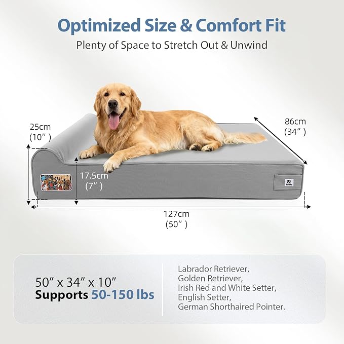 Sytopia 7" Thick Orthopedic Dog Beds for Extra Large Dogs, 35D Memory Foam Durable Canvas Pet Bed with Chew Proof Fabric Cover, Up to 150 Pounds, Waterproof Liner & Washable Cover Design, Light Grey