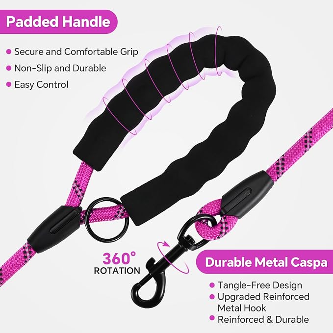 Heavy Duty Dog Leash - 4.9 FT for Large and Small Dogs - Strong Nylon, Comfortable Handle, Reflective Stitching - Ideal for Walking, Training, and Outdoor Activities, Hotpink
