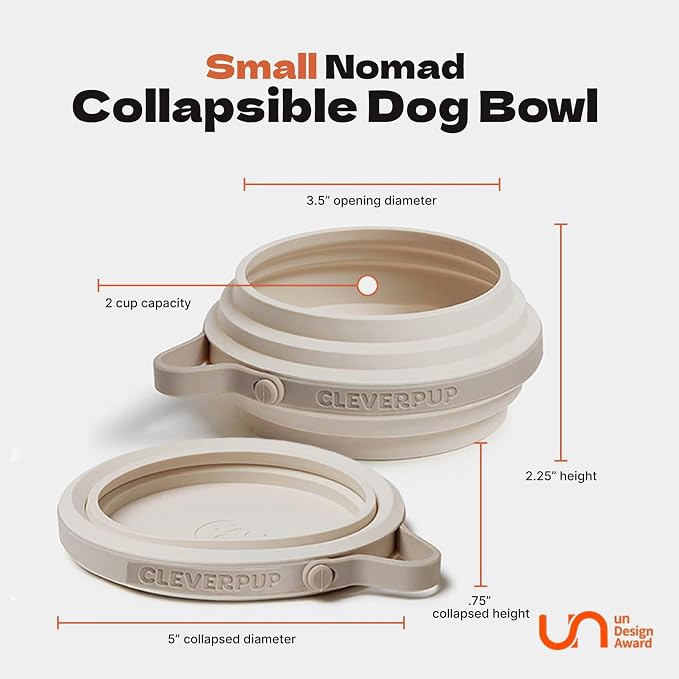 Cleverpup Nomad Small Collapsible Travel Dog Bowl - 2 Cup BPA-Free Silicone for Small & Medium Dogs, Portable, Sturdy, Food & Water, Dishwasher Safe - Sand