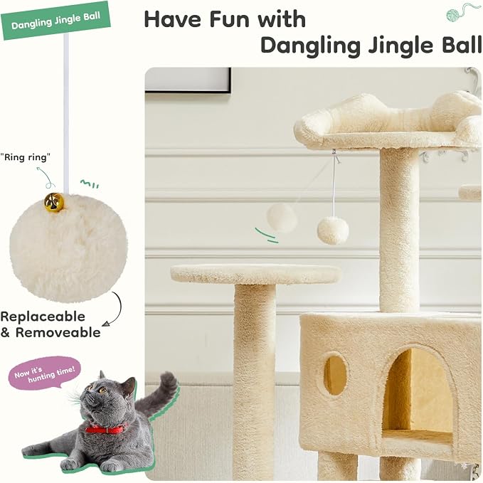 DUMOS 54-inch Indoor Cat Tree Tower –Multi-Level Pet House for Large Cats with 2 Condos, Scratching Posts, Round Platform, Small Ladder, and Toys, Beige