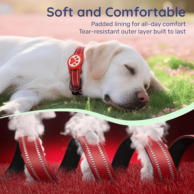 Airtag Dog Collar, Reflective Ultra-Durable Nylon Padded with QR Buckle & IP68 Waterproof Air Tag Holder Compatible for Apple AirTag, Comfortable for Small Medium Large Dogs (Red,XL)