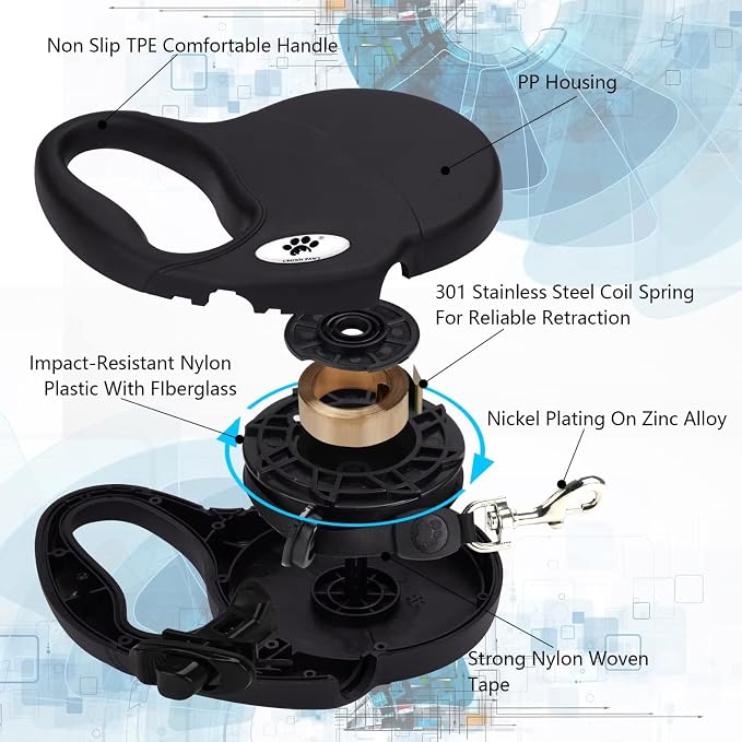 16ft Retractable Dog Leash for Medium Breed Dogs up to 44 lbs with a Detachable Chew Proof Extender Wire Ropes (Black M)