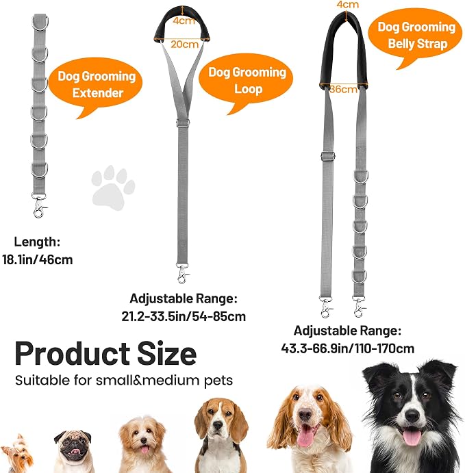 Dog Grooming Belly Strap - Dog Grooming Loops for Table Arm Extender with Clamp Extension Loop Bathing Restraint Leash No Sit Haunch Holder for Small & Medium Dogs Hair Cutting Washing (Gray)