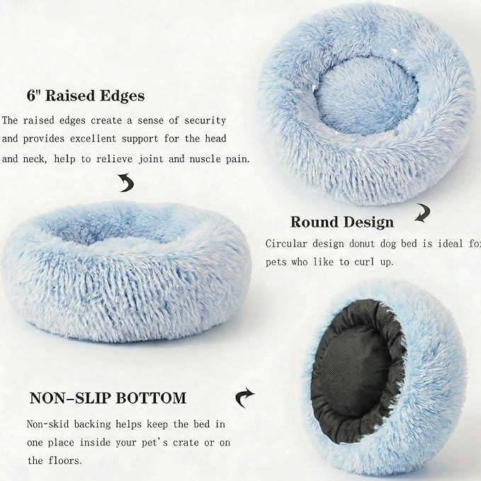 Calming Donut Dogs Beds for Small Dogs Washable,23inch Plush Round Pet Bed for Cozy Sleep,Fluffy Faux Fur Large Cat Bed,Fits up to 25 lbs Pets,Gradient Blue