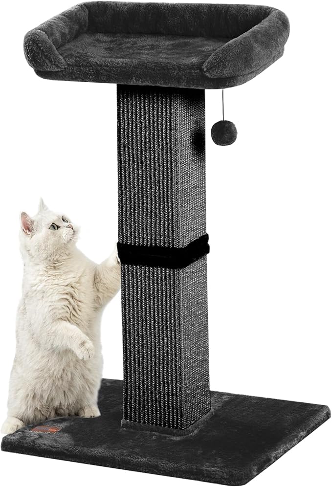 Karolpar 32" Cat Scratching Post for Indoor Cats, Sisal Cat Scratcher with Plush Perch, Large Scratch Post with Bed, Removable Cover, Sisal Fabric,Black