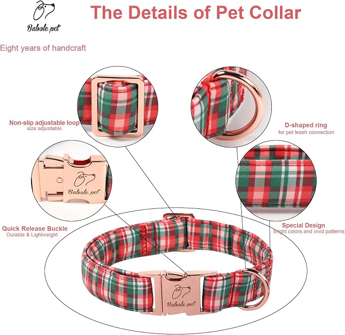 Christmas Plaid Dog Collar for Large Dogs - Green & Rose Tartan Christmas Collars for Dogs, Sweet Festive Winter Heavy-Duty Adjustable Dog Collars with Metal Buckle XL