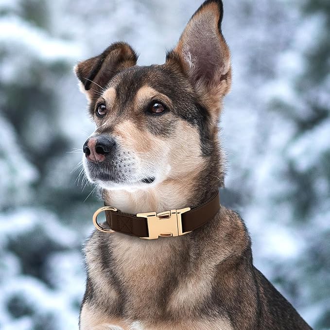 PET ARTIST PU Leather Dog Collar, Bright & Stylish Brown Dog Collar with Quick Release Gold Metal Buckle, Soft Nylon Padded Durable Pet Collars Adjustable for Large Dogs, Neck Fit 16-27"