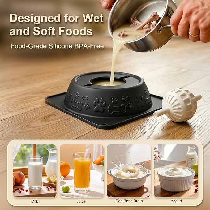Slow Feeder Dog Bowl for Liquid Treats, Anti-Slip Lick Bowl, Bone Broth and Yogurt Puzzle Feeder, No Spill Pet Bowl Pup Lick Toy for Large Medium Small Dogs and Cats, Anxiety Relief, Black