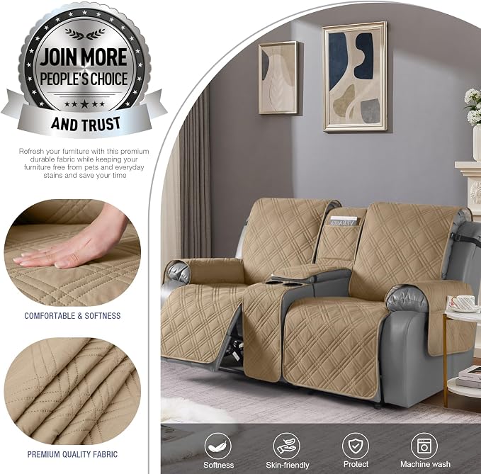 TAOCOCO Loveseat Recliner Cover with Center Console, 100% Waterproof Pet Cover for Dual Recliner with Straps Design, Split Reclining Loveseat Covers Furniture Pet&Kids Protector (2 Seater, Camel)