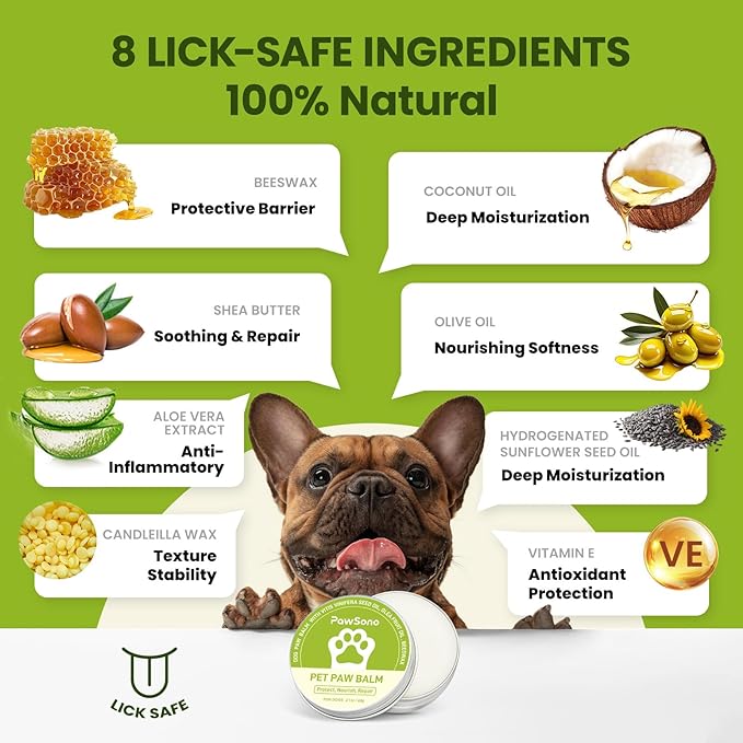 PawSono Lick-Safe Dog Paw & Nose Balm with Coconut Oil | All-Natural Moisturizer & Soother for Dry, Cracked Pads & Snout | Summer Hot Pavement & Sand Paw Wax, Nose Butter for Bulldogs (2.1 oz / 60 g)